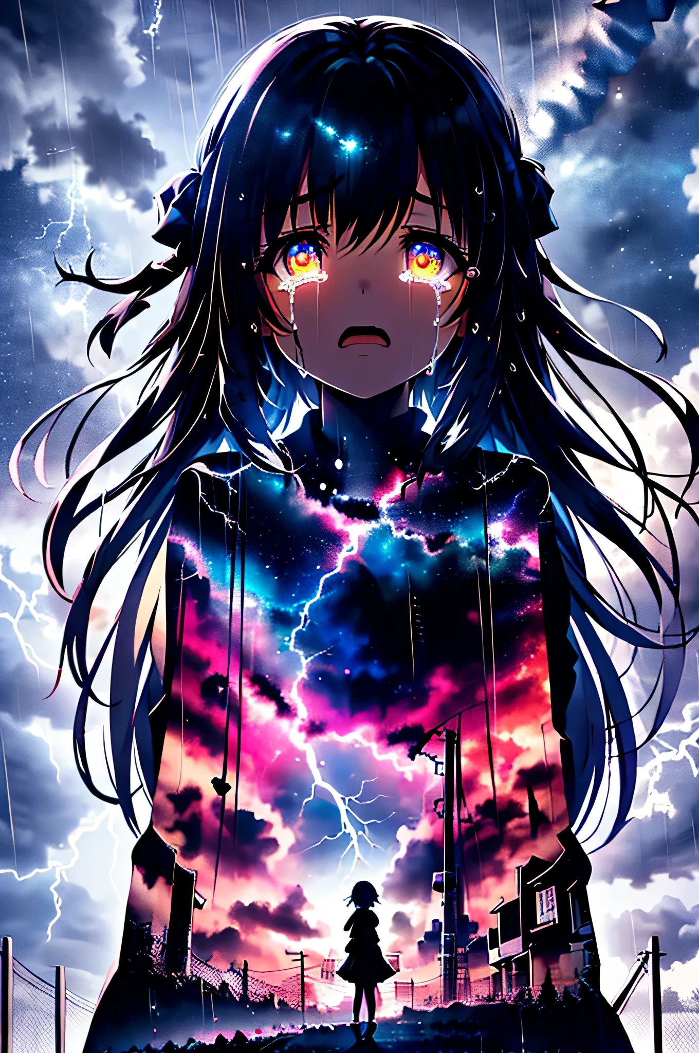 masterpiece, best quality, 1girl, solo, (silhouette:1.3), glowing eyes, tears, rain, lightning, star (sky)