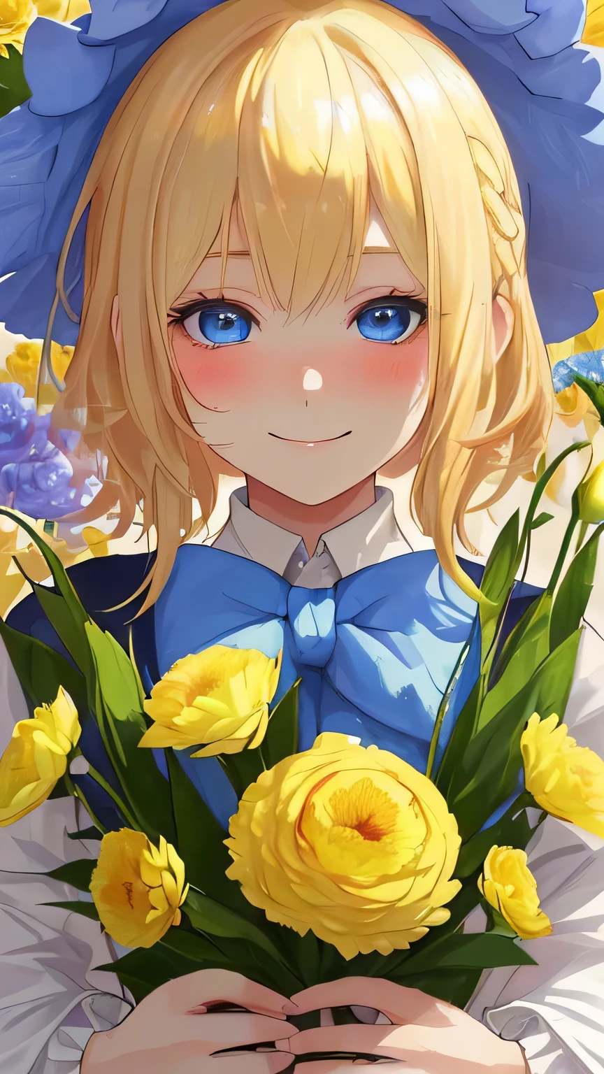 a young woman with bright blonde hair standing next to a bunch of flowers and wearing a hat, 1 girl, flower, alone, blue eyes, smile, flower bunch, looking at the viewer, golden hair, white background, colorful flower, bow, blush, background, holding, Upper body, Close-up、 head shot, bangs, holding flower bunch,