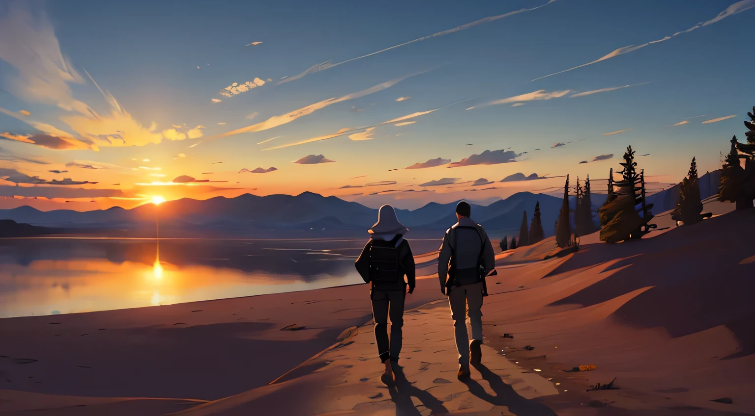 vista lateral de dois homens caminhando na margem de um lago, Nevada, Deserto, Sunset