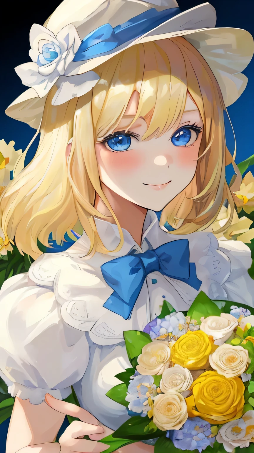 a young woman with bright blonde hair standing next to a bunch of flowers and wearing a hat, 1 girl, flower, alone, blue eyes, smile, flower bunch, looking at the viewer, golden hair, white background, colorful flower, bow, blush, background, holding, Upper body, Close-up、 head shot, bangs, holding flower bunch,