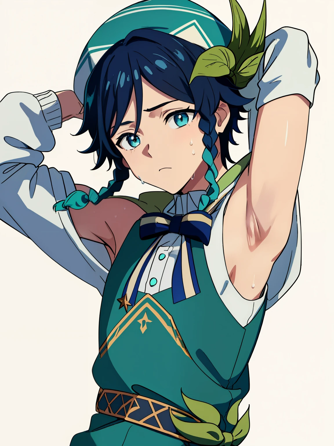 Highres, Masterpiece, Best quality at best,Best Quality,hight quality, hight detailed, 1boy, Venti, solo, Young boy, medium hair length, braids, dark blue hair color, cyan highlights in hair, calm expression, kind expression, Simple background, detailed eyes, Sleeveless hoodie, White hoodie, Bare shoulder, Belt, bow tie, green hat, jewels, cyan, (very young boy), (very small and short body), 12-year-old boys, Sweat, (Showing armpit:1.3), School, Sweat