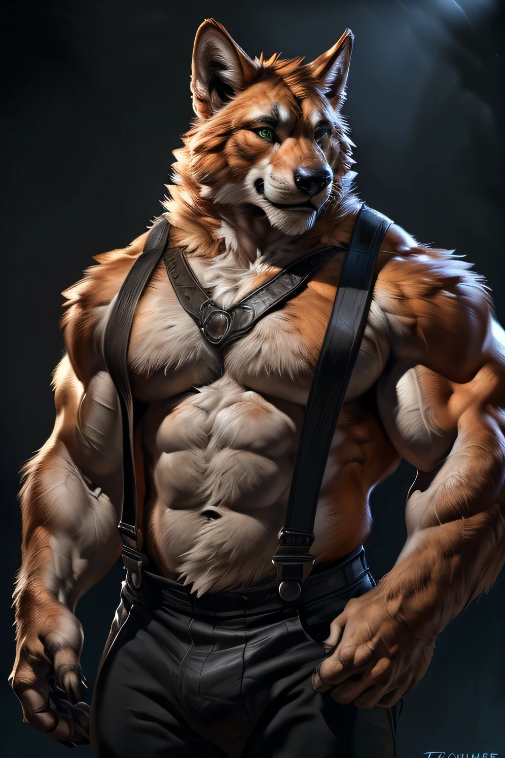 4k, high resolution, best quality, perfect colors, perfect shadows, perfect lighting, ((full bodyportrait)), posted on e621, furry body, solo, anthro orange werewolf, (monotone orange fur:1.3), male, black beard, white chest fur, adult, (heavily muscular, manly, brutal, masculine:1.4), green eyes, realistic eyes, hands on neck, nude torso, black dress pants, suspenders, black bow on the neck, masculine, (muscular, dense build:1.4, muscular shoulders, strong pecs), formal party, correct anatomy, (photorealistic detailed fur, epic, masterpiece:1.2), (by Taran Fiddler, by Chunie, by Rukis, Bonifasko lighting), best posture, claws on hands, (photorealistic fur, detailed fur, epic, masterpiece:1.2), sexy shadows, (by echin, by Taran Fiddler, by takemoto arashi, by Traver009, by Juiceps), (detailed eyes:1.2), impressive physique, focus face, seductive face, detailed eyes