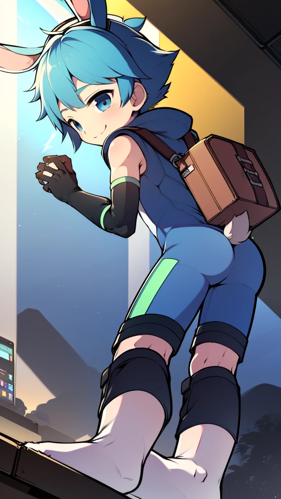 ((A young boy)),(Youthful feeling),One-piece mountaineering suit,slender figure,Healthy limbs,goggles,fingerless gloves,cotton socks,short sleeves,Smile,Rabbit ears,Rabbit Tail,bend over,Back to camera