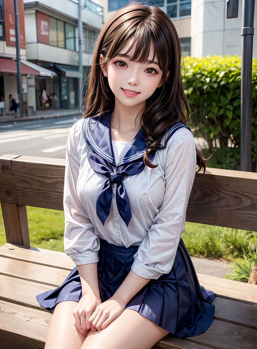 beautiful features、Japanese、brown hair、((drill hair、drooping eyes:1.2))、shiny smooth hair, thick bangs、(bright smile:1.2), ((Image Processing Algorithms:1.2))、highly detailed eyes, highest quality, Ultra HD, Beautiful and vivid illustrations、high contrast、Tonal correction、Ultra-realistic oily and shiny skin, Super fine, High resolution CG Unity 8K wallpaper, Raw photo, precise fingers, anatomically correct、sailor suit、navy pleated skirt、sit on a bench、Multi-tenant building、