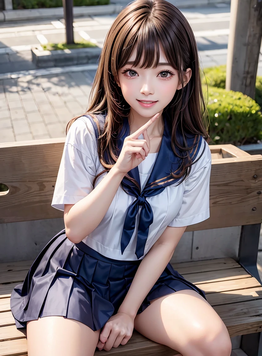 beautiful features、Japanese、brown hair、((drill hair、drooping eyes:1.2))、shiny smooth hair, thick bangs、(bright smile:1.2), ((Image Processing Algorithms：1.2))、highly detailed eyes, highest quality, Ultra HD, Beautiful and vivid illustrations、high contrast、Tonal correction、Ultra-realistic oily and shiny skin, Super fine, High resolution CG Unity 8K wallpaper, Raw photo, precise fingers, anatomically correct、sailor suit、navy pleated skirt、sit on a bench、Multi-tenant building、