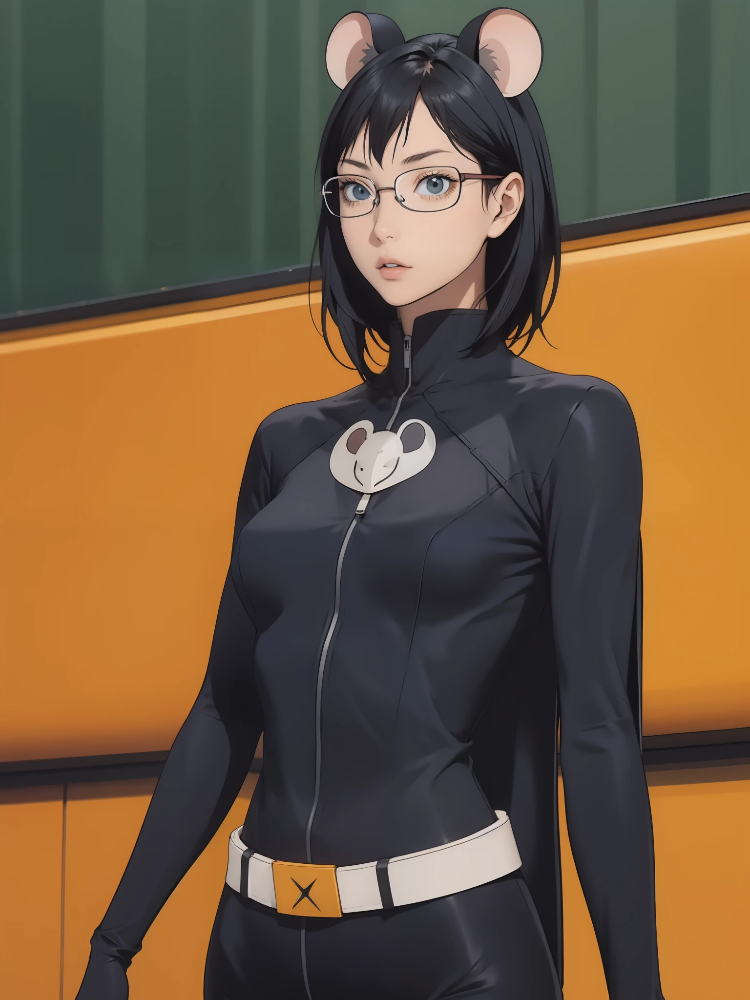 perfect eyes:1.2, detailed eyes:1.4, black hair, grey eyes, mouse ears, black mouse ears, black ears, large breasts, rimless eyewear, glasses, medium hair, mask:1.3, bodysuit, breasts, cape, domino mask ,belt, superhero, gloves, lips, black bodysuit, helmet, belt buckle, pouch, curvy, toned, narrow waist, 1girl, solo, (masterpiece:1.6, best quality),