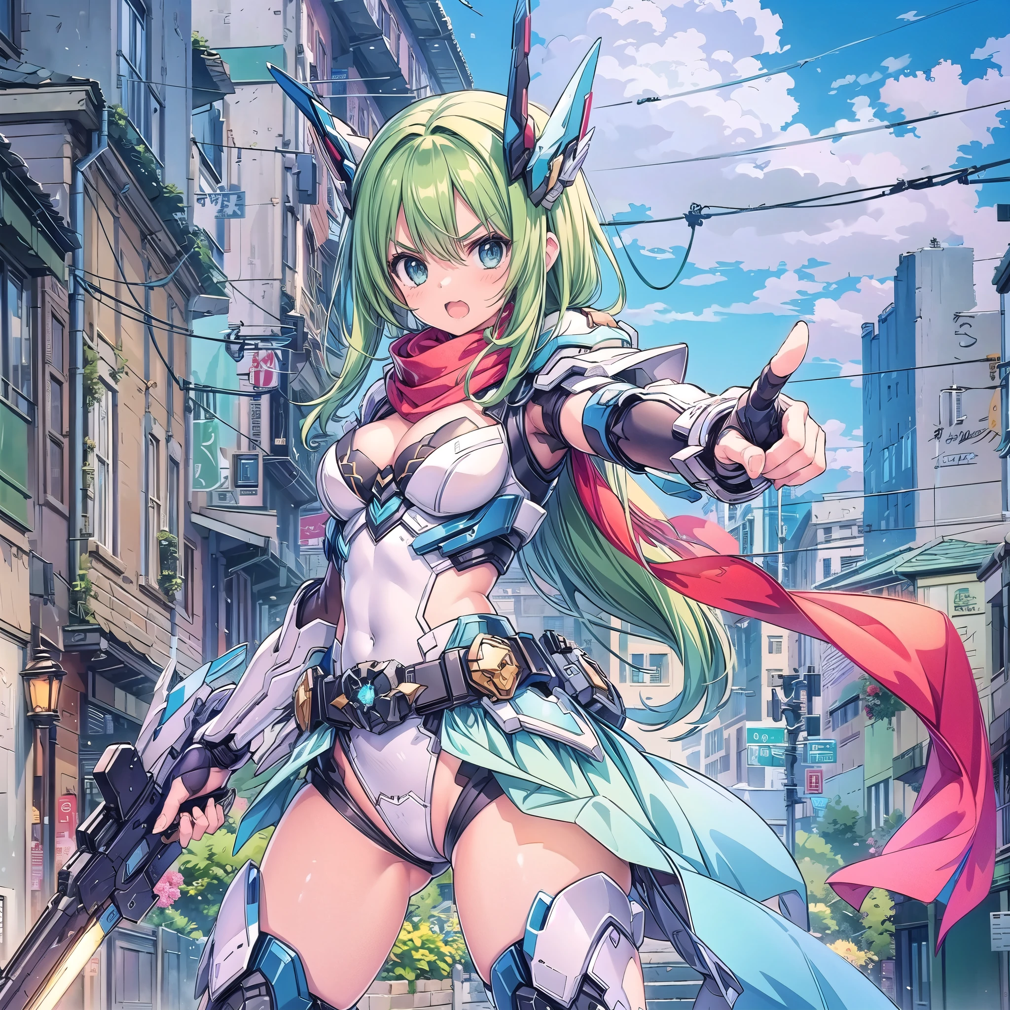 masterpiece, best quality, high resolution, extremely detailed CG, 1girl, Transforming heroine, (serious:1.3), open mouth, henshin belt, green_hair, mecha belt, headgear, (red_scarf), mecha armored, thighs, thighs boots, roadshow, ((city, street)), fighting stance, looking at viewer, hero posing,More Detail, ((((blue sky)))), (blue theme)