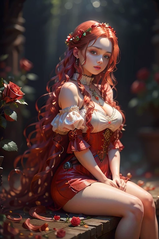 A young woman with long red wavy hair, Perfect proportions, (detailed eyes, eye correction, red eyes), garden of red glass roses, ((More red crystal roses)), posing sitting for a photo, side view, (Delicate images), (Photorealistic: 1.4), (Highly detailed), (high resolution), (Best quality), (masterpiece)
