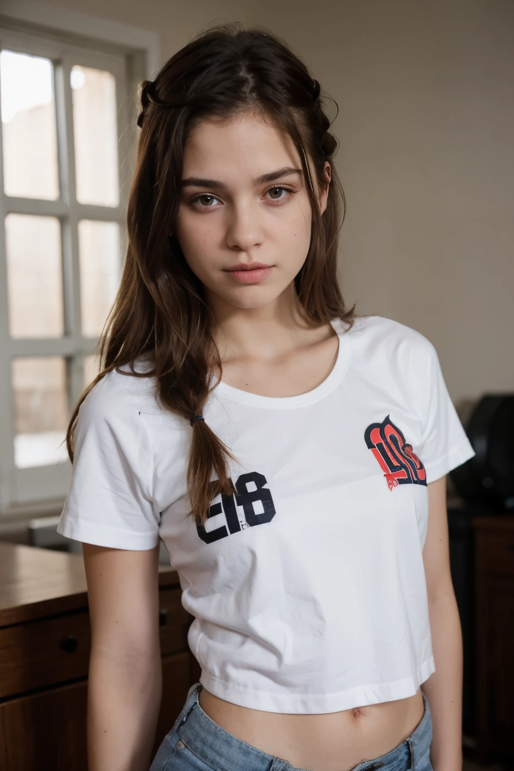 (Masterpiece, Top Quality, Best Quality, Beautiful and Aesthetic:1.2), Extremely Detailed, Photo of a woman, slim fit T-shirt, skirt, vacation in a mountain hotel, sunlight, 18 years old, Perfect Body, Perfect rare face, (very detailed skin), black colored hair, Skin texture, Sharp focus on rare face, Perfect brown eyes, (Photorealistic), Film grain, name Samira