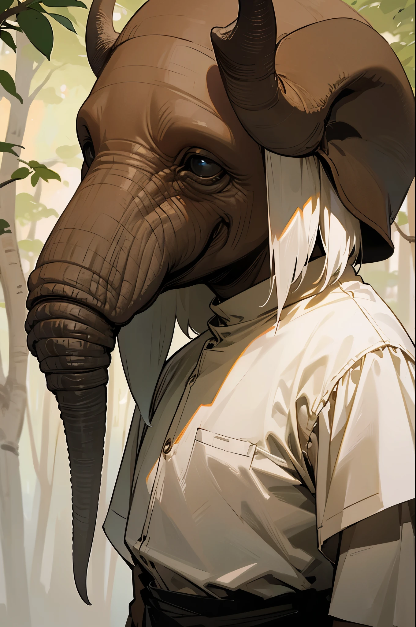 elephant nose, forest background, tusken horns, white hair, white shirt, black short, 