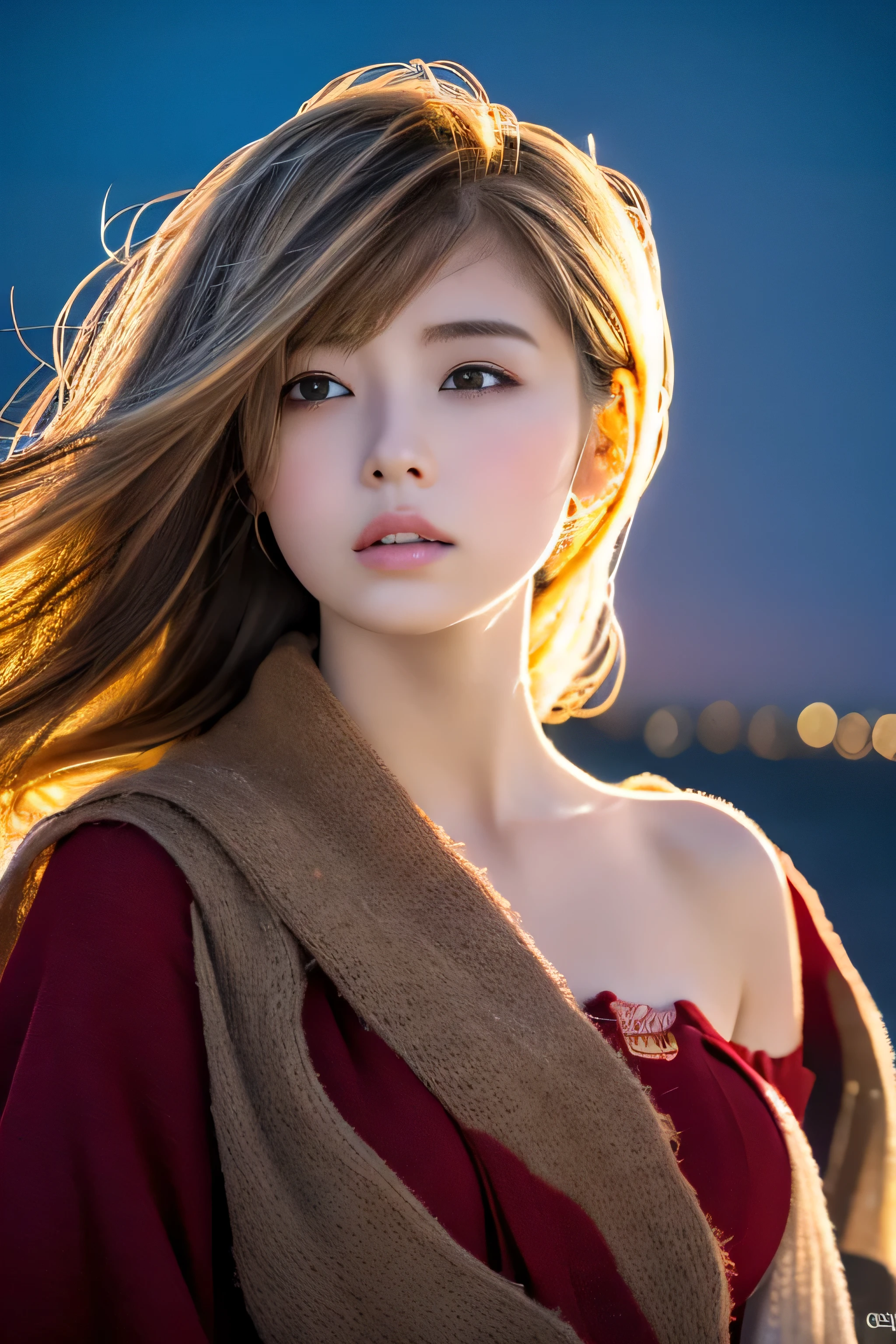 ((hair blowing in the wind、No makeup:1.2))、(realistic、Photoreal、super detailed、best detailed skins、highest quality、masterpiece、超A high resolution)、cute russian woman、14 years、high school girl、young girl、1 girl、have bangs、ash blonde:1.7、double eyelid、drooling eyes、Japanese style face、purity、realistic skin type、Thick fluffy hair、red cheeks、The wind is blowing、lighting from behind、hair blowing in the windがステキ、((short hair、port at night、illuminated by moonlight))