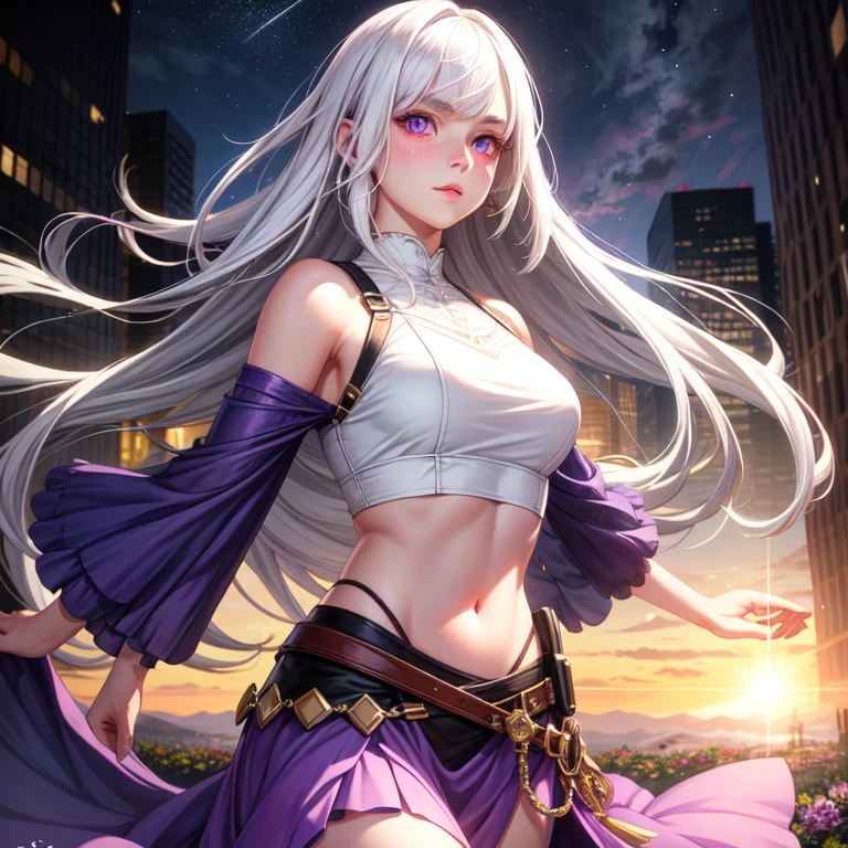 realistic, 1 girl, white hair, purple eyes, glowing eyes, crop top, skirt, Chapped lips, Blush, nighttime, flower, sun, sunlight,