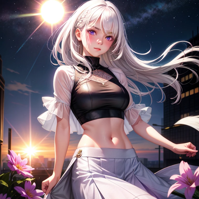 realistic, 1girl, white hair, purple eyes, glowing eyes, crop top, skirt, parted lips, blush, night, flowers, sun, sunlight,