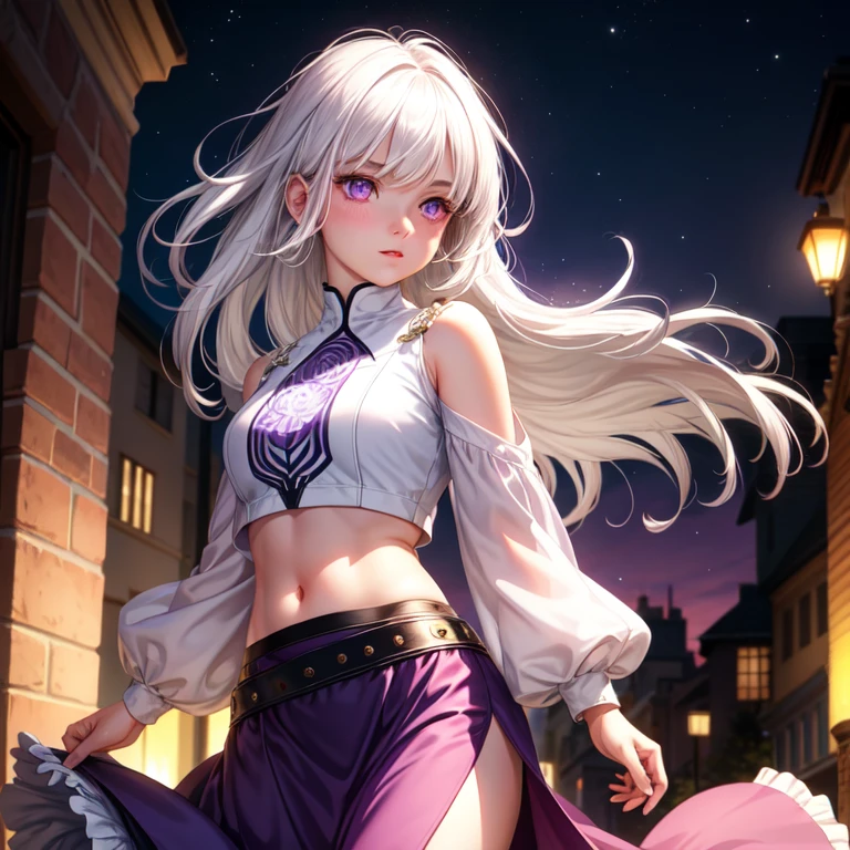 realistic, 1 girl, white hair, purple eyes, glowing eyes, crop top, skirt, Chapped lips, Blush, nighttime, flower, sun, sunlight,