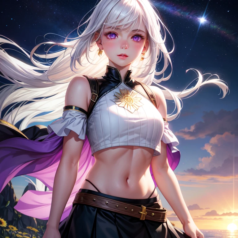 Create a realistic, high-quality image of a stunning young woman with long, flowing white hair and mesmerizing, glowing purple eyes. She has a slightly parted, full lips with a soft blush across her cheeks, adding to her alluring appearance. She is dressed in a form-fitting crop top and a short skirt that accentuates her slender figure, with subtle details such as the outline of a camel toe hinting at the fabric's wetness. The scene is set at night, but with an ethereal glow from the moonlight, casting soft shadows around her. Surrounding her are delicate flowers, bathed in the gentle rays of sunlight that peek through, creating a mystical and enchanting atmosphere. The combination of the night setting and the warm, golden sunlight filtering in gives the image a dreamy and surreal quality.