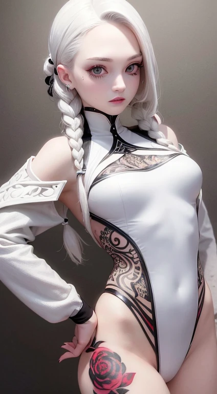 best quality, masterpiece,white hair, white eyes,tattoo, looking up, upper body,hair strand,white pale ice skin,side braids, boots, transparan,