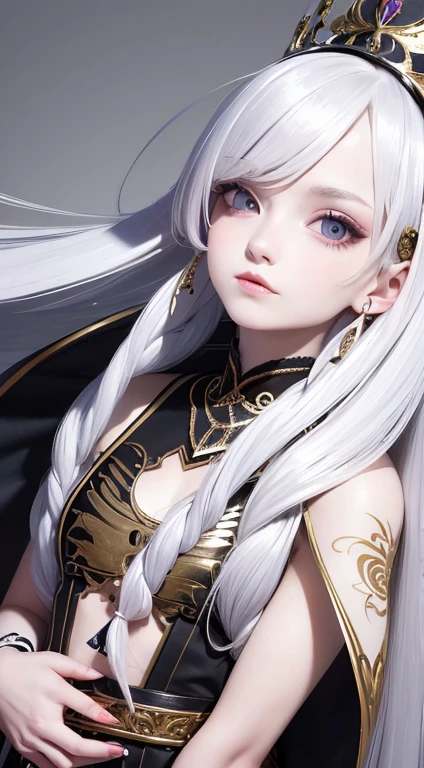 best quality, masterpiece,white hair, white eyes,tattoo, looking up, upper body,hair strand,white pale ice skin,side braids, boots, transparan,