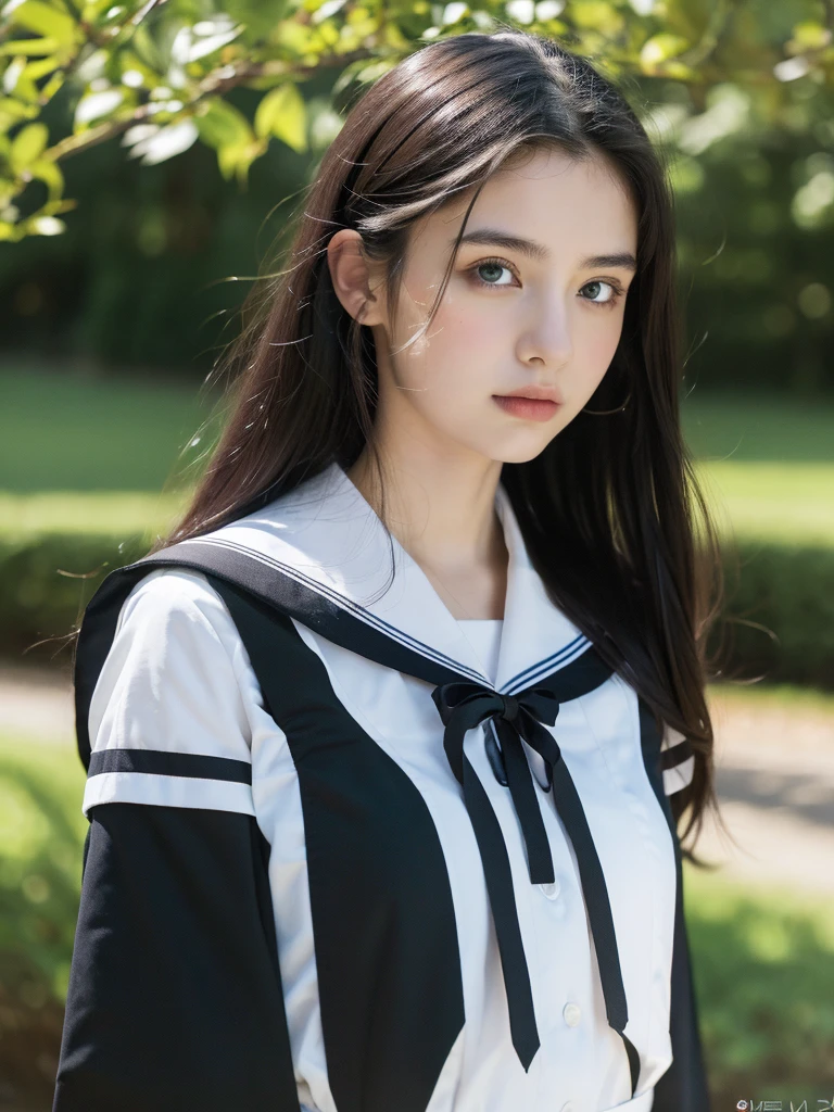 ( masterpiece, top quality, best quality,8k,17 years old girl,ultra detailed,raw photo:1.5),(photorealistic:1.4), (long black hair:1.5), (cinematic lighting), PerfectNwsjMajic, , Surrealism, UHD, ccurate, Super detail, textured skin, High detail, Best quality, dynamic angle, (high nose,White skin),[Beautiful blue eyes],[flat chest:large breasts:0.5],(1girl),(good anatomy:0.5)),(outside:1.5),Homely uniform 