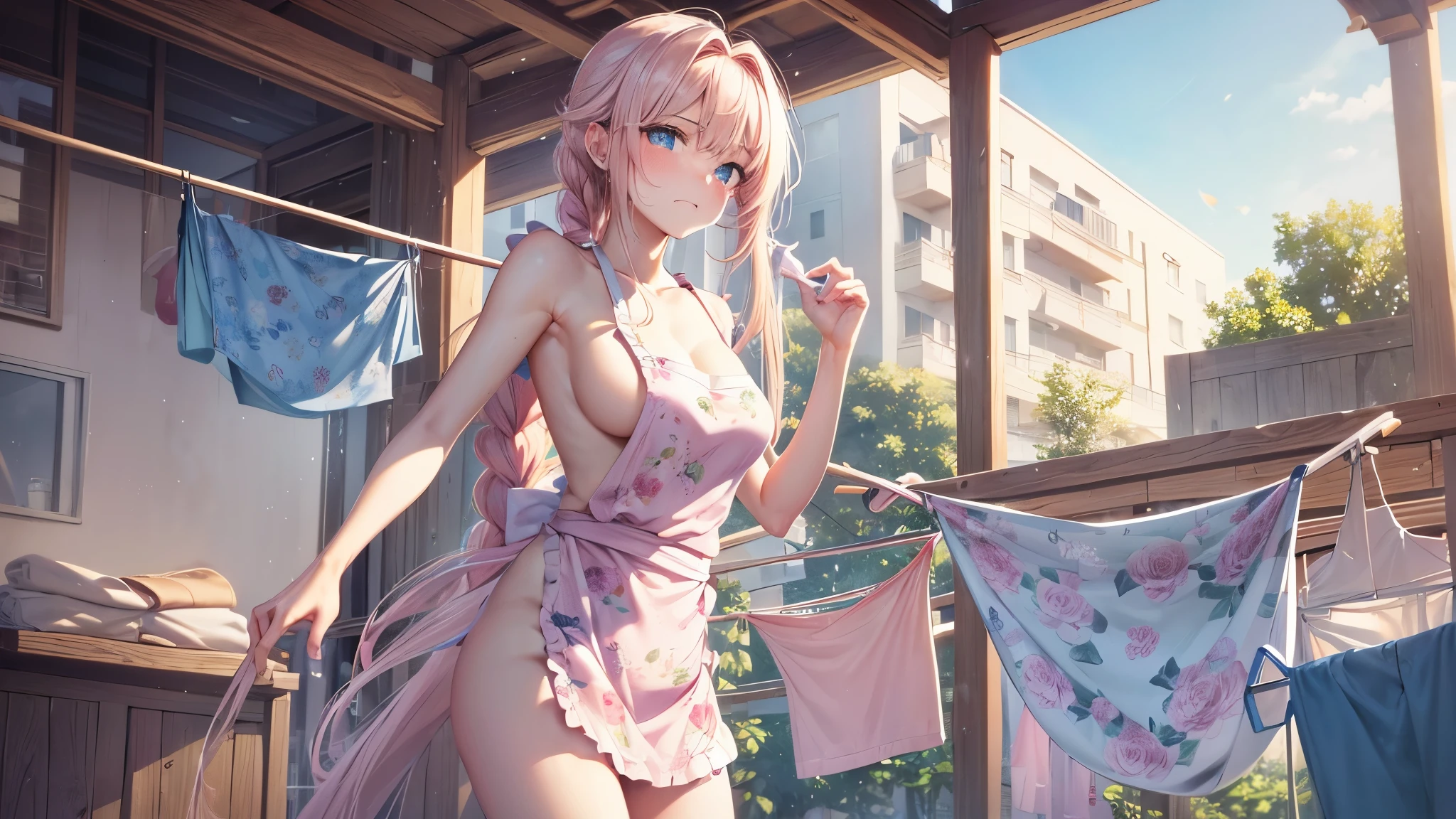 (8K, masterpiece, Best Quality, ultra-detailliert, Professional Lighting, Perfect Anatomy, anime colours), Dynamic Angle, from side, from behind,
break;
24 years old beautiful 1 female, Japanese, Large breasts, (completely nude:1.5), (floral print naked apron:1.5), bare head, Bare arms, Bare legs, Curve, pale skin, gleaming skin, light pink hair, Long hair, side locks, (Single braid:1.3), Straight hair, (embarrassed:1.5), Blue eyes, tareme, (upward-eyed),
break;
(wash laundry by hand:1.5), to stand, Looking to the side,
break;
(Hang the laundry out to dry:1.4), (hanger:1.5), (on balcony:1.2), Sunlight, Blue sky, (fence, 2nd floor), Home background, (Hanging laundry:1.5), (no washing machine), (Laundry basket on the ground)