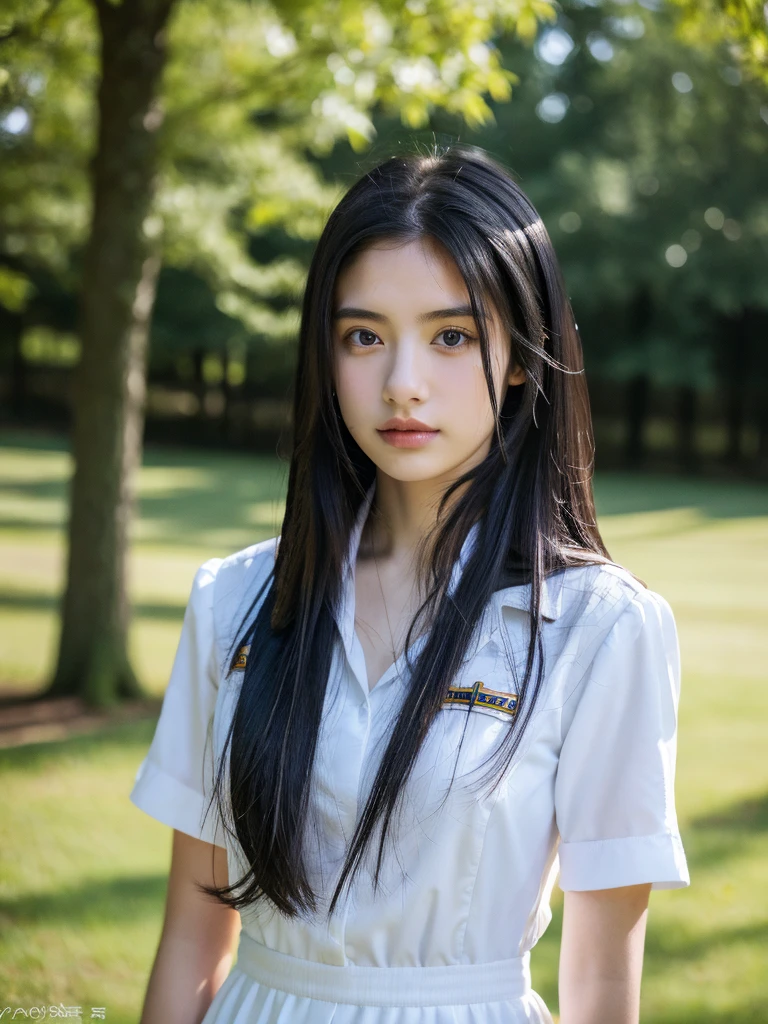 ( masterpiece, top quality, best quality,8k,17 years old girl,ultra detailed,raw photo:1.5),(photorealistic:1.4), (long black hair:1.5), (cinematic lighting), PerfectNwsjMajic, , Surrealism, UHD, ccurate, Super detail, textured skin, High detail, Best quality, dynamic angle, (high nose,White skin),[Beautiful blue eyes],[flat chest:large breasts:0.5],(1girl),(good anatomy:0.5)),(outside:1.5),Homely uniform 