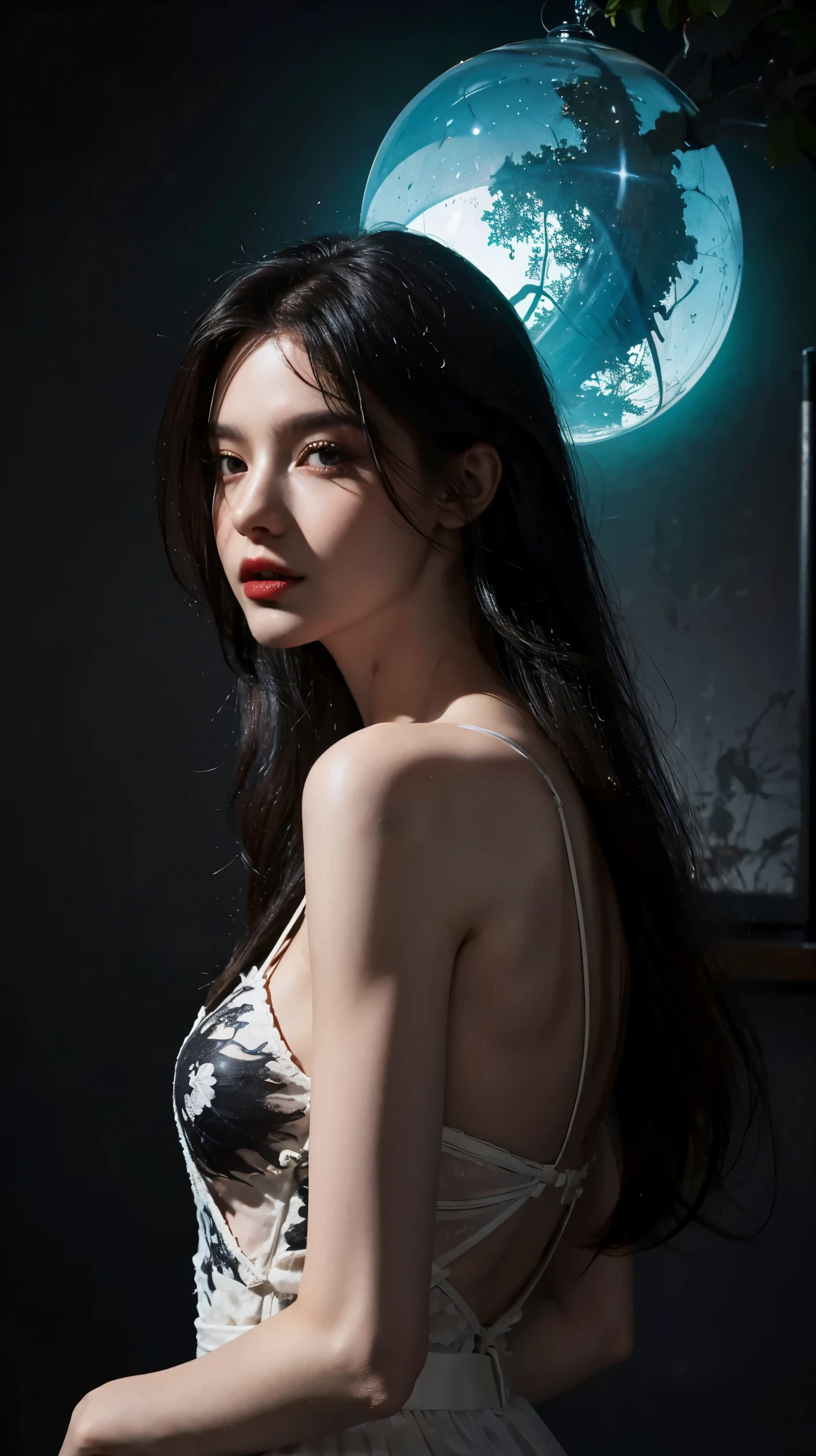 Top CG，Highest image quality，tmasterpiece，Delicate and delicate beautiful girl，(Tall and tall)，Royal sister，Queen temperament，with fair skin，(((long leges)))，Perfect facial features，Bright eyes，Enchanting pose，Red lips，Beautiful and cold， (((big breasts))),Beautiful and handsome，Long black silky hair，glittery，Skin is visible through see-through，(((Floral dress)))，8K quality，(Realistic portraits)，(((Black starry sky background)))，Characters fill the frame，((Face lighting)),(((Lie down)))，National style，Hanfu，