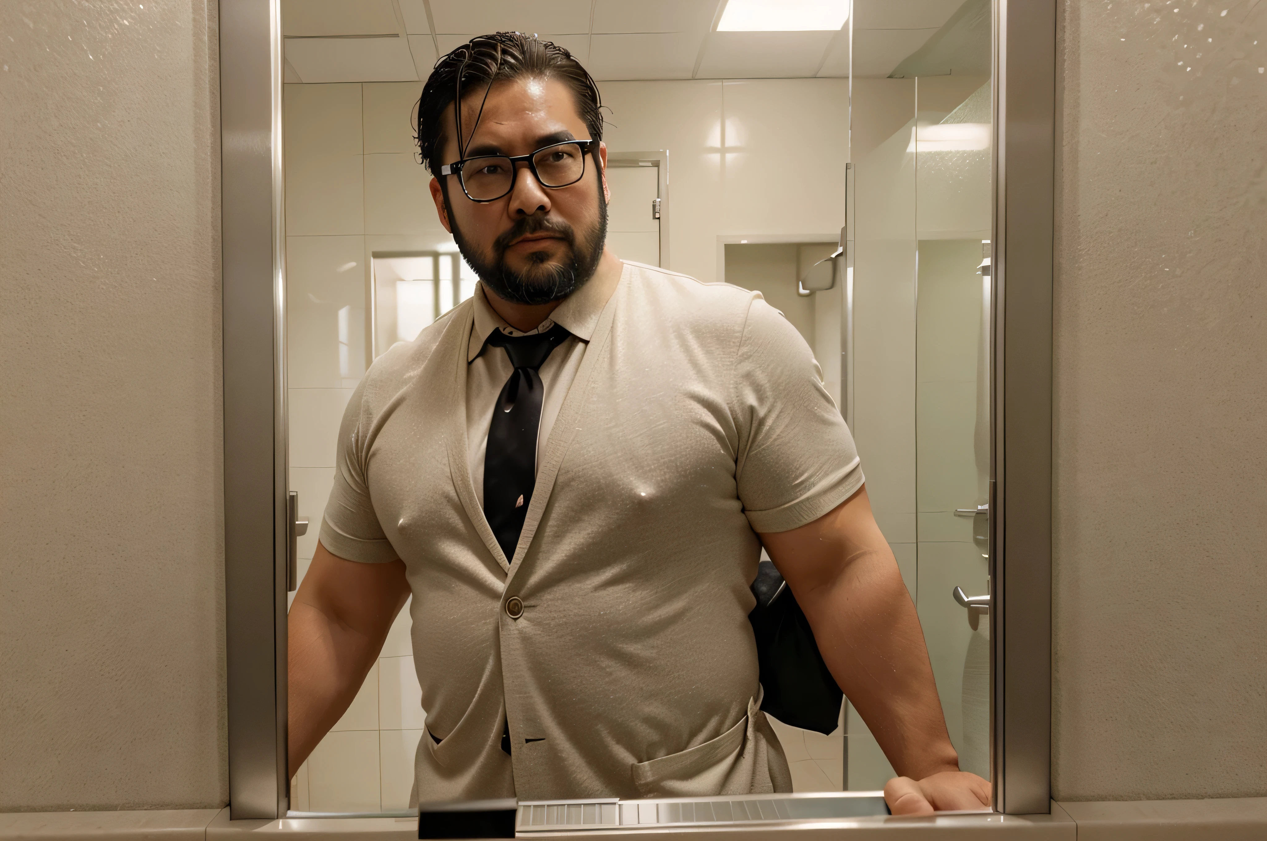 huge load of cum all over the face and body of a 39 year old stocky chubby thick Japanese businessman wearing suit and tie and glasses with short hair and beard sitting in a public restroom