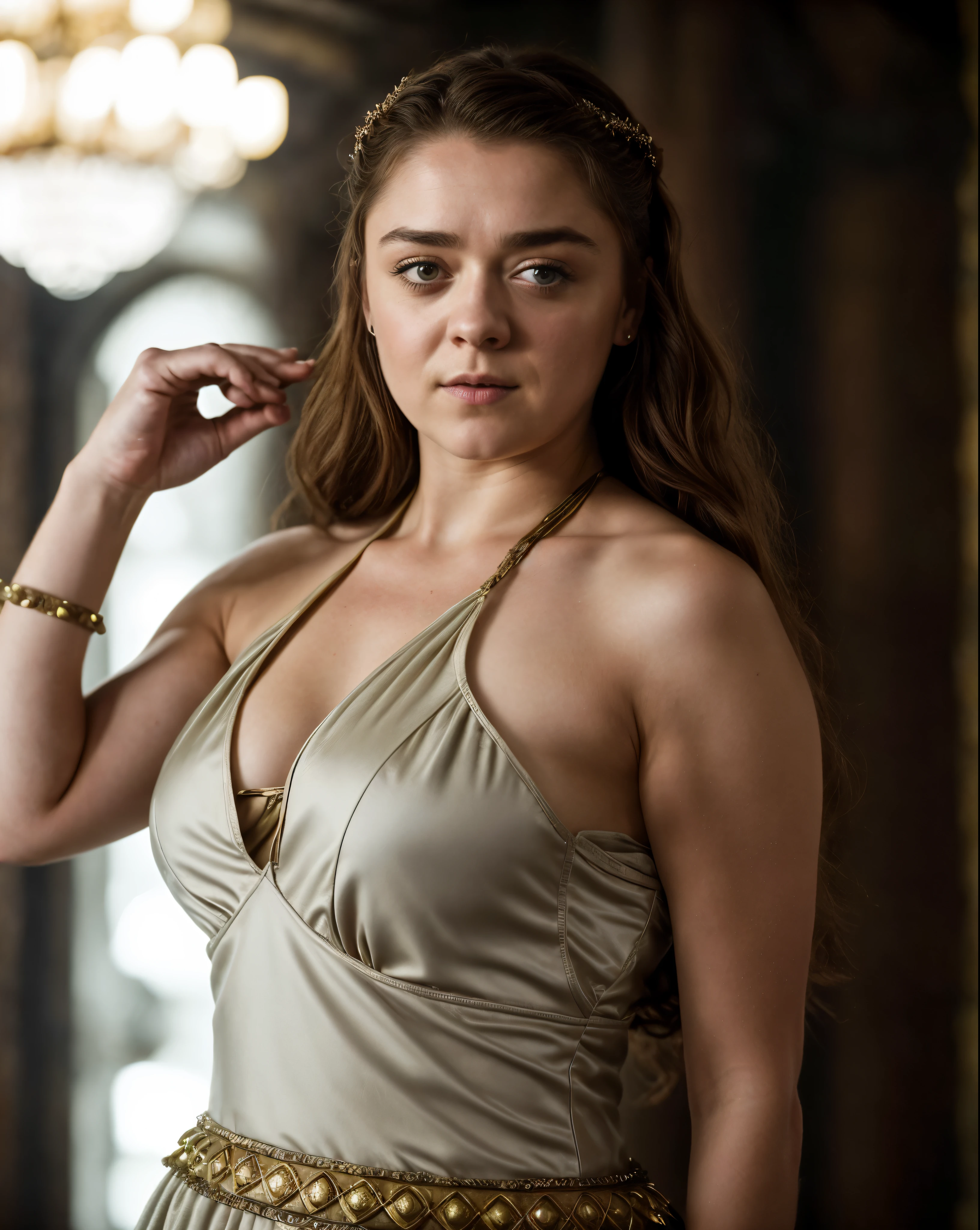 Foto RAW, Arya Stark, Extremely gorgeous lady, Arya Stark PLAYED BY MAISIE WILLIAMS, Queen Arya Stark, she  a mature woman now, milf, sexy mediaeval battle dress, gladiator woman, body, 40 years old Woman, body revealing costumes, perky breast, big natural breast, erotic costumes, lusty physique, seductive figure can capture every people's attention, Game of thrones costumes, revealing captivating figure, Mediaeval costumes, revealing clothes, A tomboy, she would rather fence than dance, warrior queen , game of thrones screen caps, Game of Thrones Series, (pele altamente detalhada: 1.2), 8k UHD, DSLR, soft-lighting, alta qualidade, grain of film, Fujifilm XT3, flawless picture, highly detailed, detailed Beauty, intricate, 32k, sharp picture,