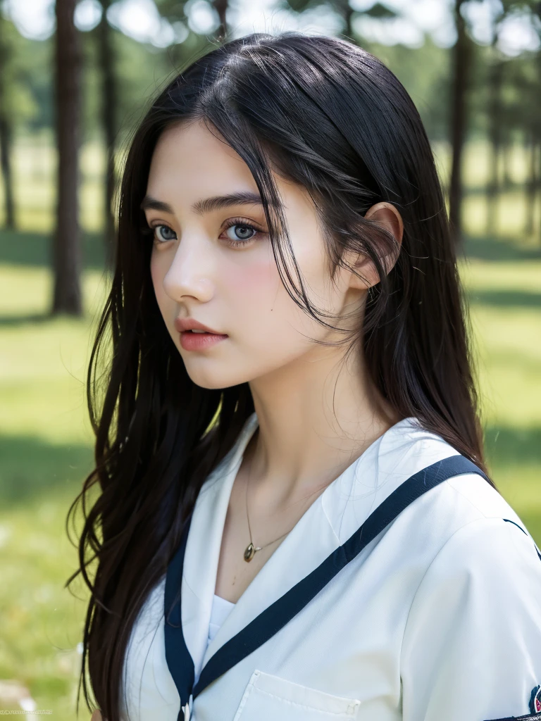 ( masterpiece, top quality, best quality,8k, girl,ultra detailed,raw photo:1.5),(photorealistic:1.4), (long black hair:1.5), (cinematic lighting), PerfectNwsjMajic, , Surrealism, UHD, ccurate, Super detail, textured skin, High detail, Best quality, dynamic angle, (high nose,White skin),[Beautiful blue eyes],[flat chest:large breasts:0.5],(1girl),(good anatomy:0.5)),(outside:1.5),Homely uniform 