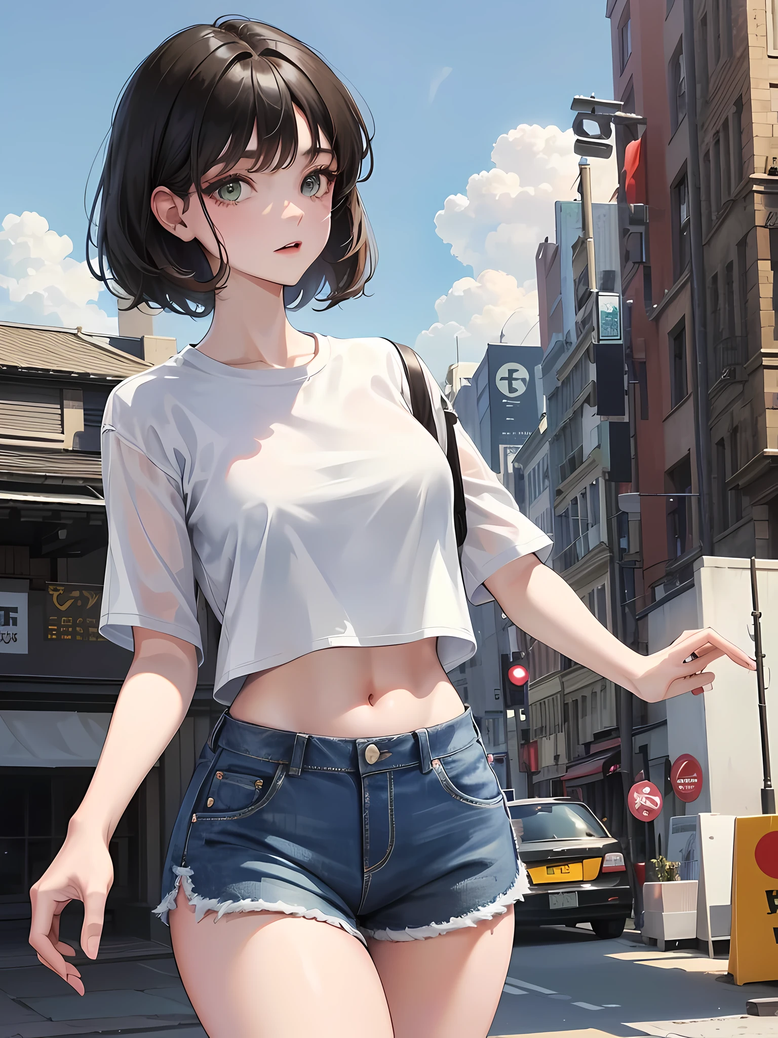 1girl, short black hair, GREEN eyes, wearing plain white shirt, denim shorts, city, absurdres, high res, ultrasharp, 8K, masterpiece, looking at viewer, dancing bachata, and write name with clouds SARAH