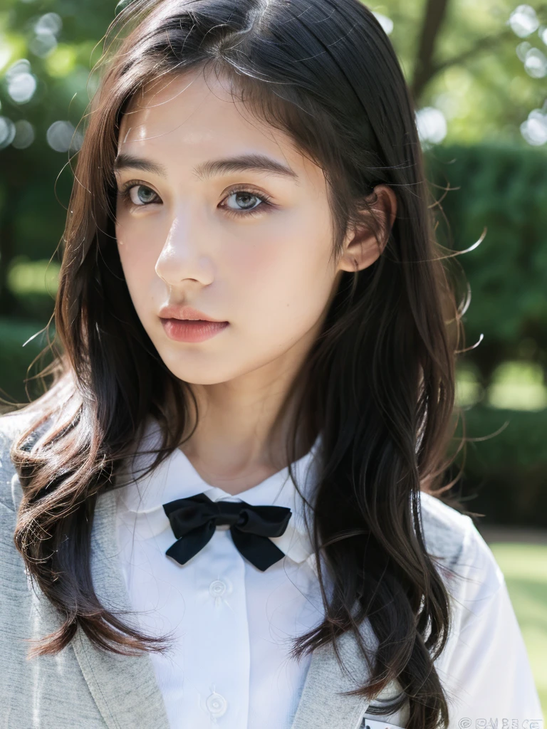 ( masterpiece, top quality, best quality,8k,17 years old girl,ultra detailed,raw photo:1.5),(photorealistic:1.4), (long black hair:1.5), (cinematic lighting), PerfectNwsjMajic, , Surrealism, UHD, ccurate, Super detail, textured skin, High detail, Best quality, dynamic angle, (high nose,White skin),[Beautiful blue eyes],[flat chest:large breasts:0.5],(1girl),(good anatomy:0.5)),(outside:1.5),Homely uniform 
