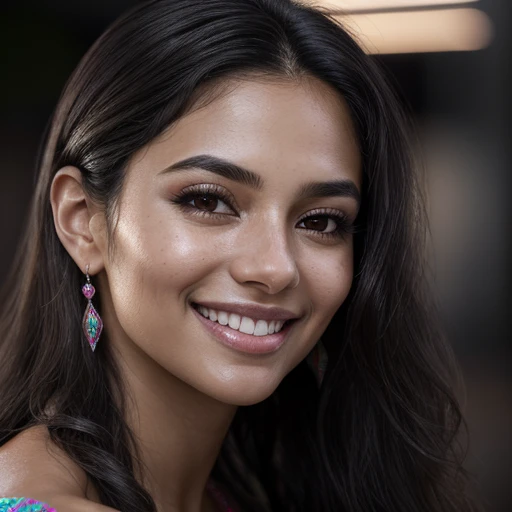 Close-up portrait of a Latin American woman named Bonita, radiantly beautiful with a captivating smile, long, wavy dark hair cascading down her shoulders, intimatelylit by cinematic side lighting, luminous and vibrant skin, ultra-detailed and hyperrealistic, high resolution, RAW image, dynamic contrast, evoking an irresistible allure.