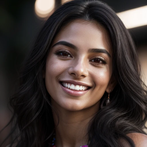 Close-up portrait of a Latin American woman named Bonita, radiantly beautiful with a captivating smile, long, wavy dark hair cascading down her shoulders, intimatelylit by cinematic side lighting, luminous and vibrant skin, ultra-detailed and hyperrealistic, high resolution, RAW image, dynamic contrast, evoking an irresistible allure.