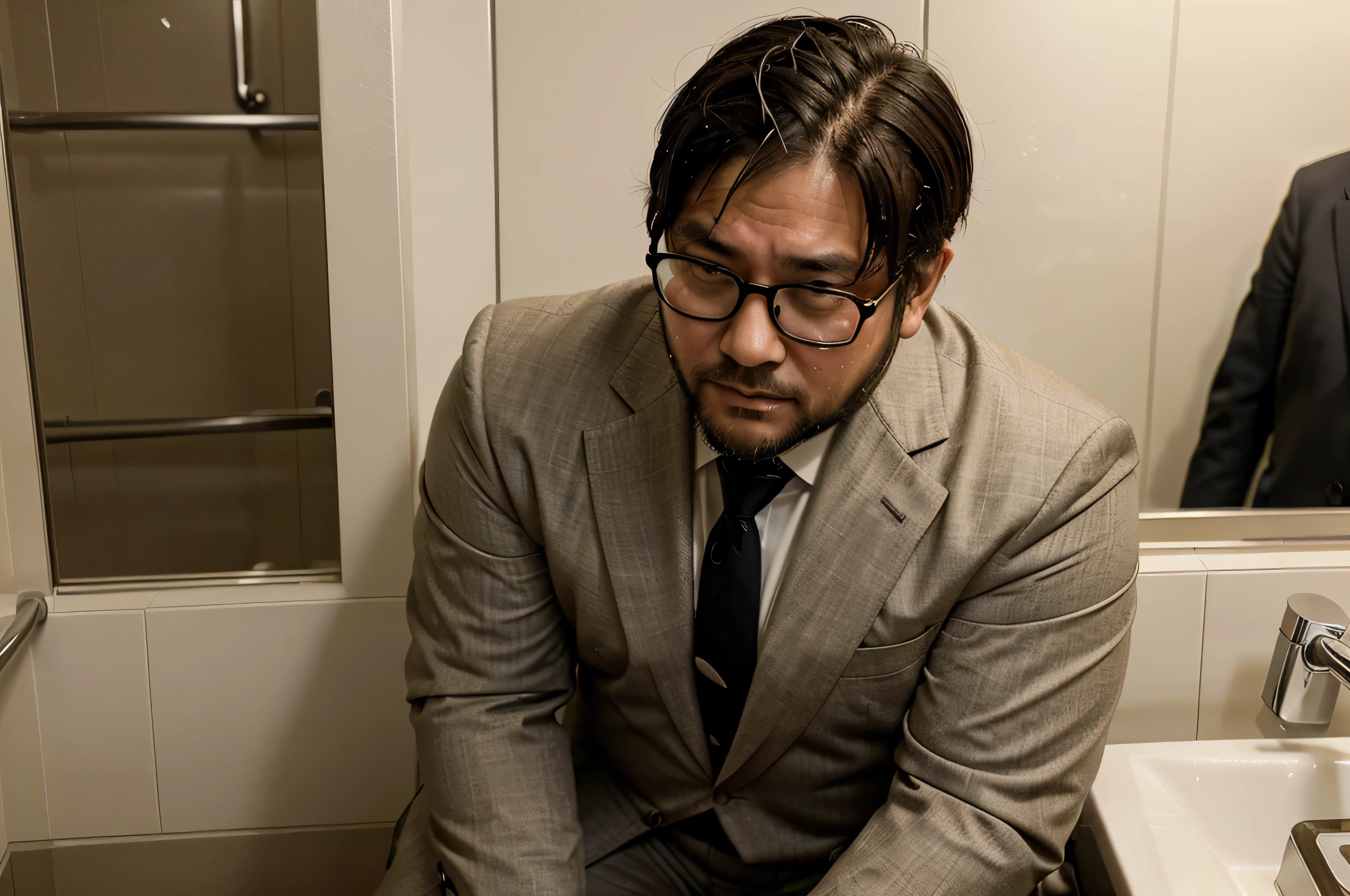 huge load of cum all over the face and body of a 39 year old stocky chubby thick Japanese businessman wearing suit and tie and glasses with short hair and beard sitting in a public restroom