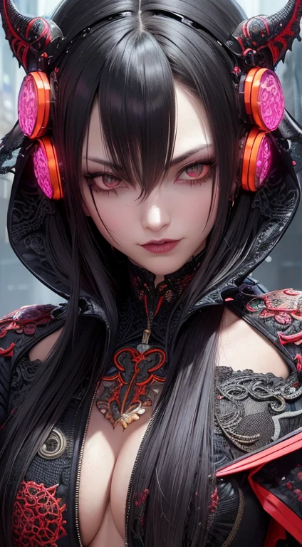 a person vampire women wearing a hoodie, cyberpunk art, inspired by Aleksi Briclot, fantasy art, detailed big jaw and eyes, beautiful gorgeous digital art, ornamental gothic - cyberpunk, intricated colour, wicked grin, beautiful avatar pictures, hyperbeast design, intricate cyberpunk make - up, ultra intricate, demonic monster, glowing red - eyed, ultra detailed faces, luxury pics, hyghlyresoluted, hyghlyrealyted, highlydetailed
