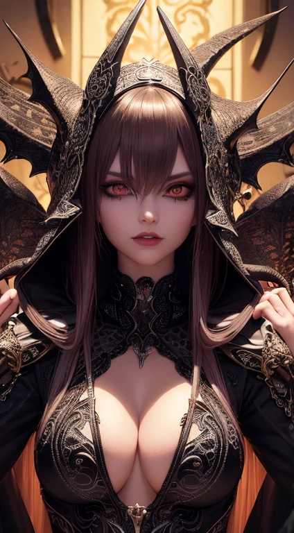 a person vampire women wearing a hoodie, cyberpunk art, inspired by Aleksi Briclot, fantasy art, detailed big jaw and eyes, beautiful gorgeous digital art, ornamental gothic - cyberpunk, intricated colour, wicked grin, beautiful avatar pictures, hyperbeast design, intricate cyberpunk make - up, ultra intricate, demonic monster, glowing red - eyed, ultra detailed faces, luxury pics, hyghlyresoluted, hyghlyrealyted, highlydetailed