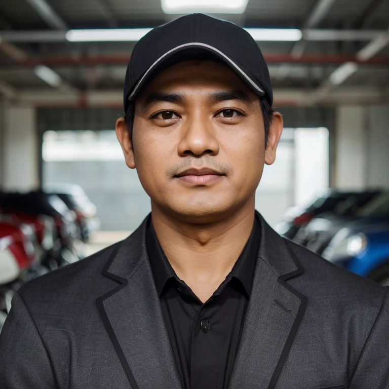 Pria indonesia umur 35 tahun, pakaian jas hitam, memaka topi baseball, wajah gemuk sedikit, setengah badan, realistic, latar belakang garasi mobil, berdiri tegap, wajah tegak lurus kedepan.