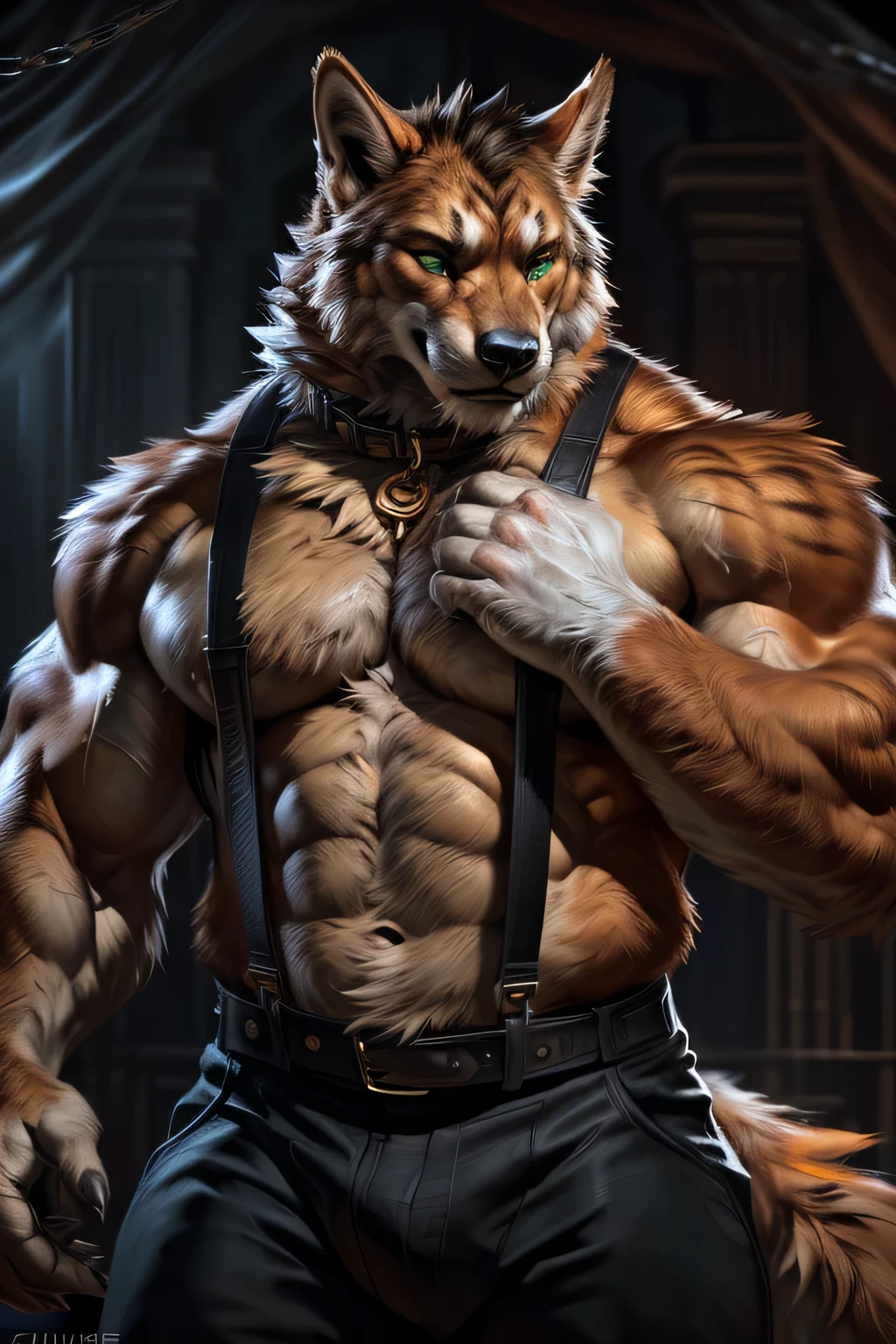 4k, high resolution, best quality, perfect colors, perfect shadows, perfect lighting, ((full bodyportrait)), posted on e621, furry body, solo, anthro orange werewolf, (monotone orange fur:1.3), male, black beard, white chest fur, adult, (heavily muscular, manly, brutal, masculine:1.4), green eyes, realistic eyes, hands on neck, nude torso, black dress pants, suspenders, a chain collar in the neck, chain, collar, gold collar, masculine, (muscular, dense build:1.4, muscular shoulders, strong pecs), formal party, correct anatomy, (photorealistic detailed fur, epic, masterpiece:1.2), (by Taran Fiddler, by Chunie, by Rukis, Bonifasko lighting), best posture, claws on hands, (photorealistic fur, detailed fur, epic, masterpiece:1.2), sexy shadows, (by echin, by Taran Fiddler, by takemoto arashi, by Traver009, by Juiceps), (detailed eyes:1.2), impressive physique, focus face, seductive face, smile, fangs, teeths, detailed eyes