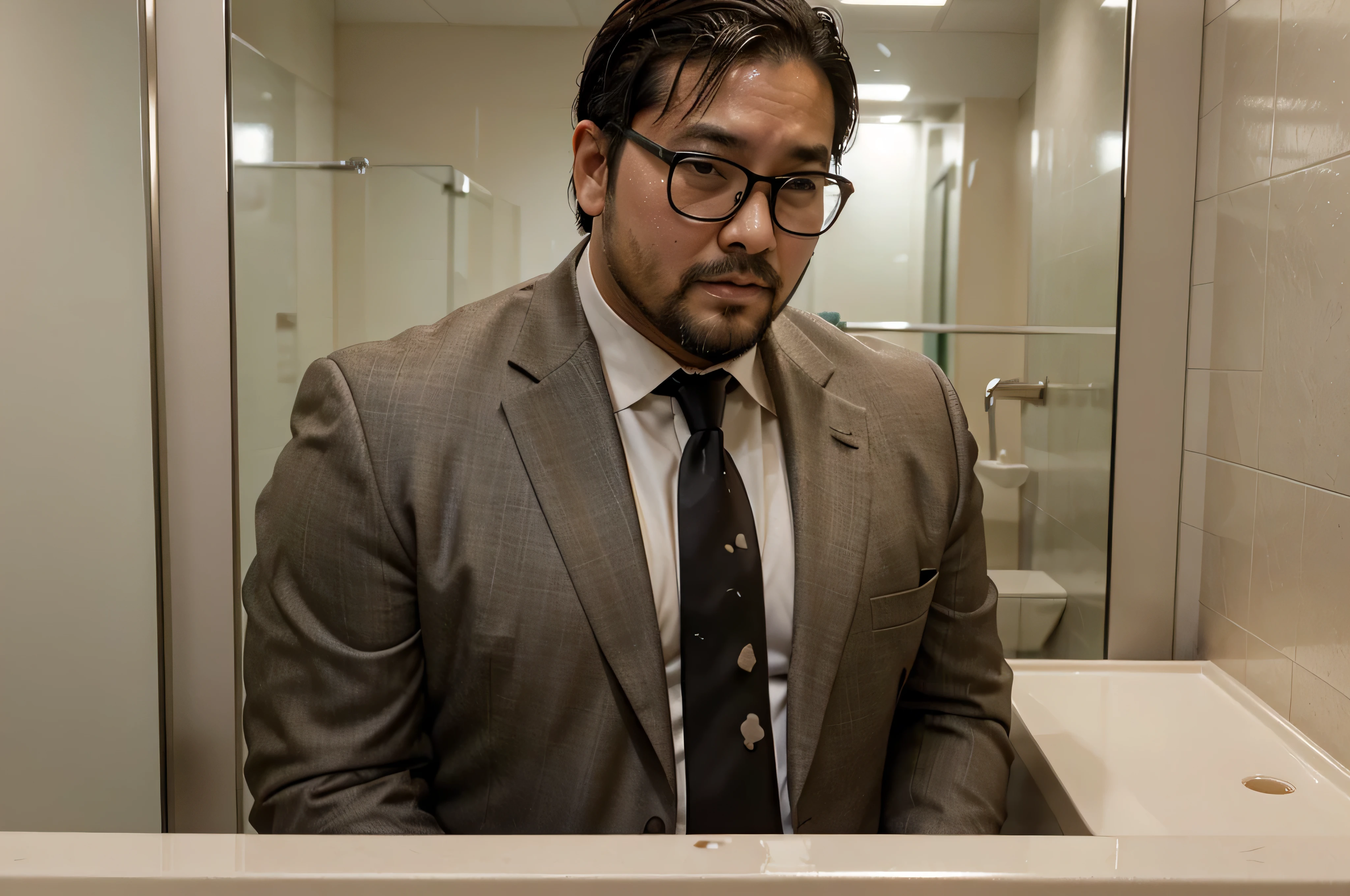 huge load of cum all over the face and body of a 39 year old stocky chubby thick Japanese businessman wearing suit and tie and glasses with short hair and beard sitting in a public restroom
