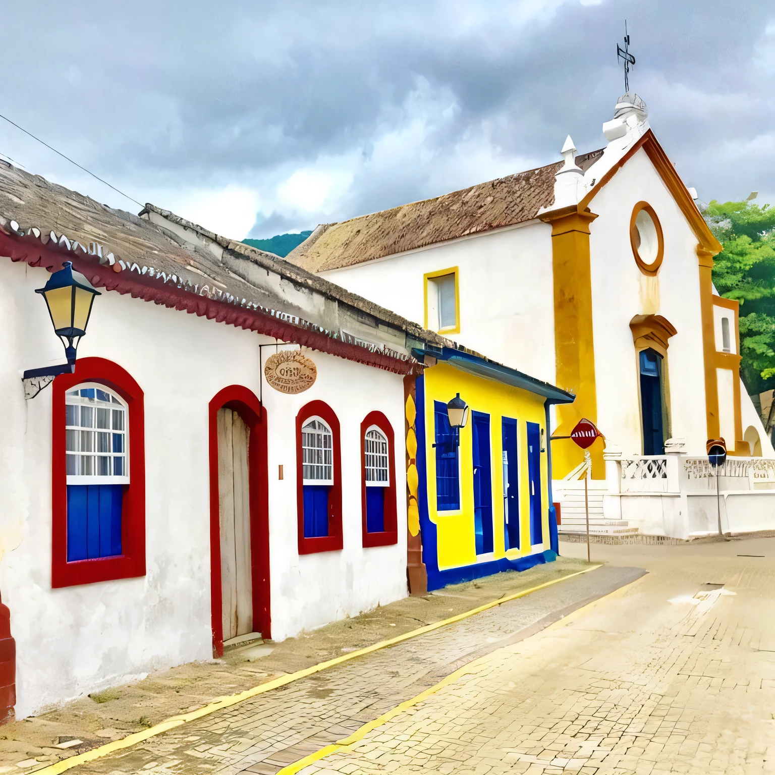 colorful buildings line a cobblestone street in a town, capas coloridas, colorful buildings, colorful buildings, Casa Coloridas, whitewashed buildings, Casa Colorida, Cidade antiga, rua da era colonial, baroque winding cobbled streets, powder Nándor Katona, by Ceferí Olive, arquitetura colorida, Cores mundanas