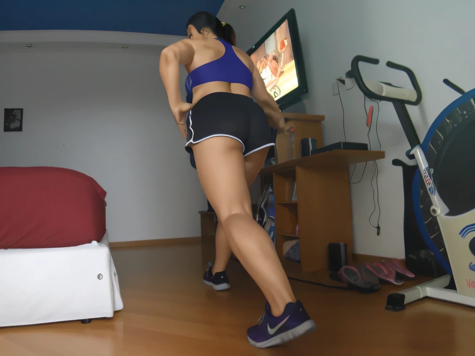 there is a woman in a blue top and black shorts playing a video game, lunging at camera :4, working out, chun li at the gym, sweaty 4 k, in shorts, side view of her taking steps, workout, bum, bending over, sport bra and dark blue shorts, leg and hip shot, side shot, latina, thighs!!!!!!