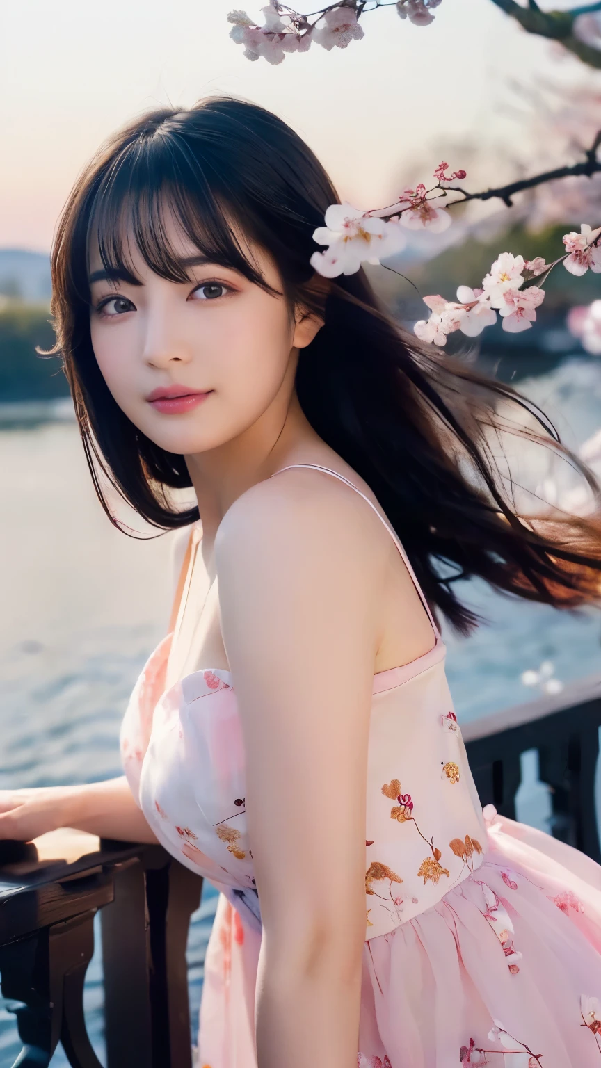 (logo、masterpiece、8K、table top、Raw photo、wonderful、最high quality、Photorealistic and very detailed CG integrated 8k wallpaper、high quality、very detailed、narrative poem、particle effects、dynamic effects、Depth of the bounds written、cinematic light、Lens flare、ray tracing)、fantasy、 (1 beautiful woman、dress、dress、cherry blossom pattern、black haired、beautiful face、real face、beautiful details eyes beautiful skin)、my hair dances in Wind、Hair flutters in Wind、hair bounces、pink cherry tree、petals dance、SakuraFubuki、Spectacular view、sunrise、sun on background、Wind、