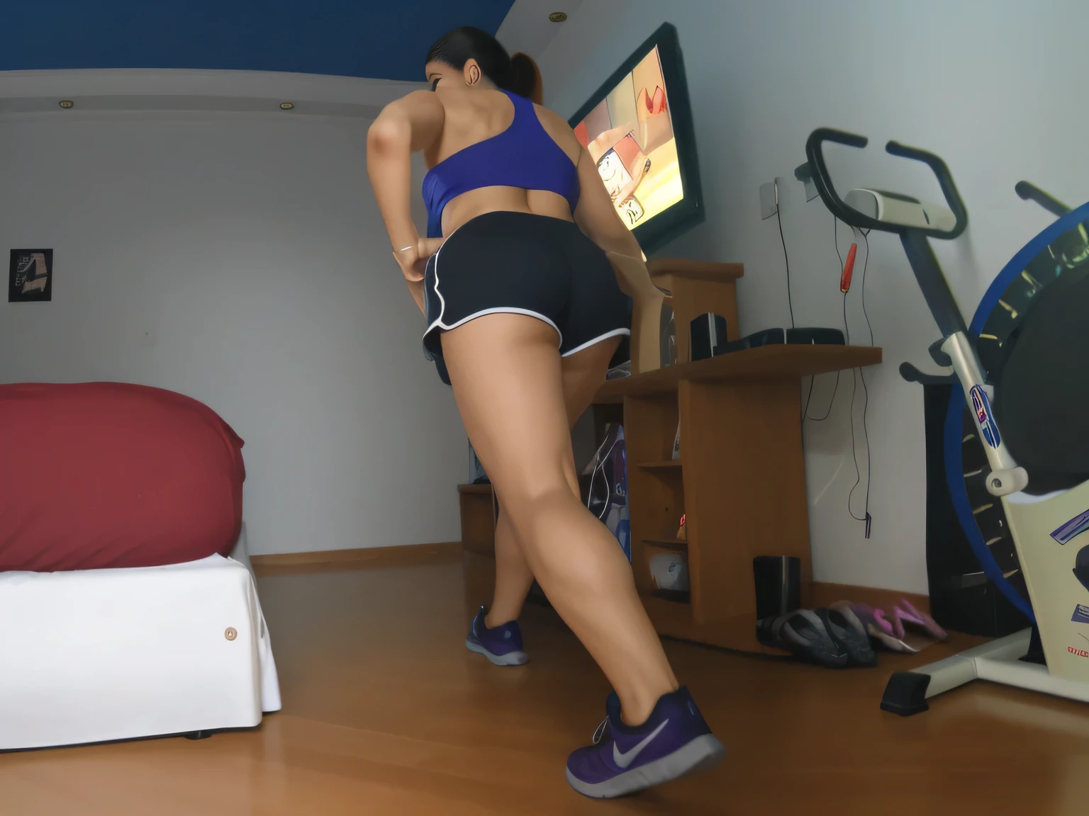 there is a woman in a blue top and black shorts playing a video game, lunging at camera :4, working out, chun li at the gym, sweaty 4 k, in shorts, side view of her taking steps, workout, bum, bending over, sport bra and dark blue shorts, leg and hip shot, side shot, latina, thighs!!!!!!