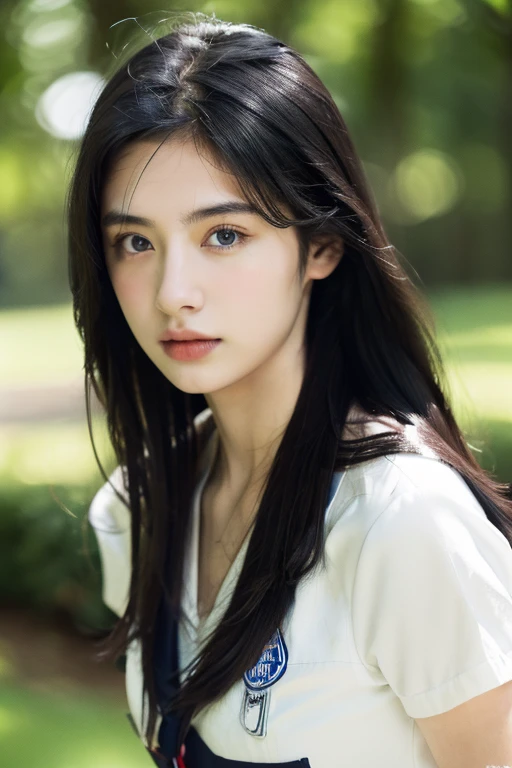 ( masterpiece, top quality, best quality,8k, girl,ultra detailed,raw photo:1.5),(photorealistic:1.4), (long black hair:1.5), (cinematic lighting), PerfectNwsjMajic, , Surrealism, UHD, ccurate, Super detail, textured skin, High detail, Best quality, dynamic angle, (high nose,White skin),[Beautiful blue eyes],[flat chest:large breasts:0.5],(1girl),(good anatomy:0.5)),(outside:1.5),Homely uniform 