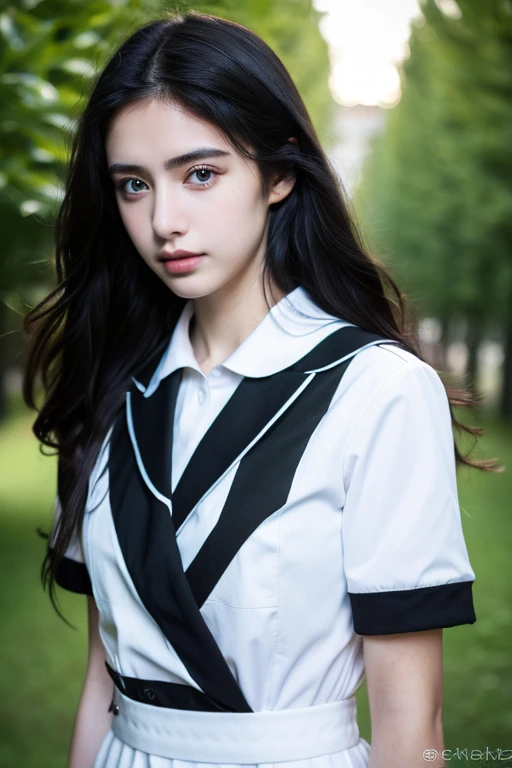 ( masterpiece, top quality, best quality,8k,17 years old girl,ultra detailed,raw photo:1.5),(photorealistic:1.4), (long black hair:1.5), (cinematic lighting), PerfectNwsjMajic, , Surrealism, UHD, ccurate, Super detail, textured skin, High detail, Best quality, dynamic angle, (high nose,White skin),[Beautiful blue eyes],[flat chest:large breasts:0.5],(1girl),(good anatomy:0.5)),(outside:1.5),Homely uniform 