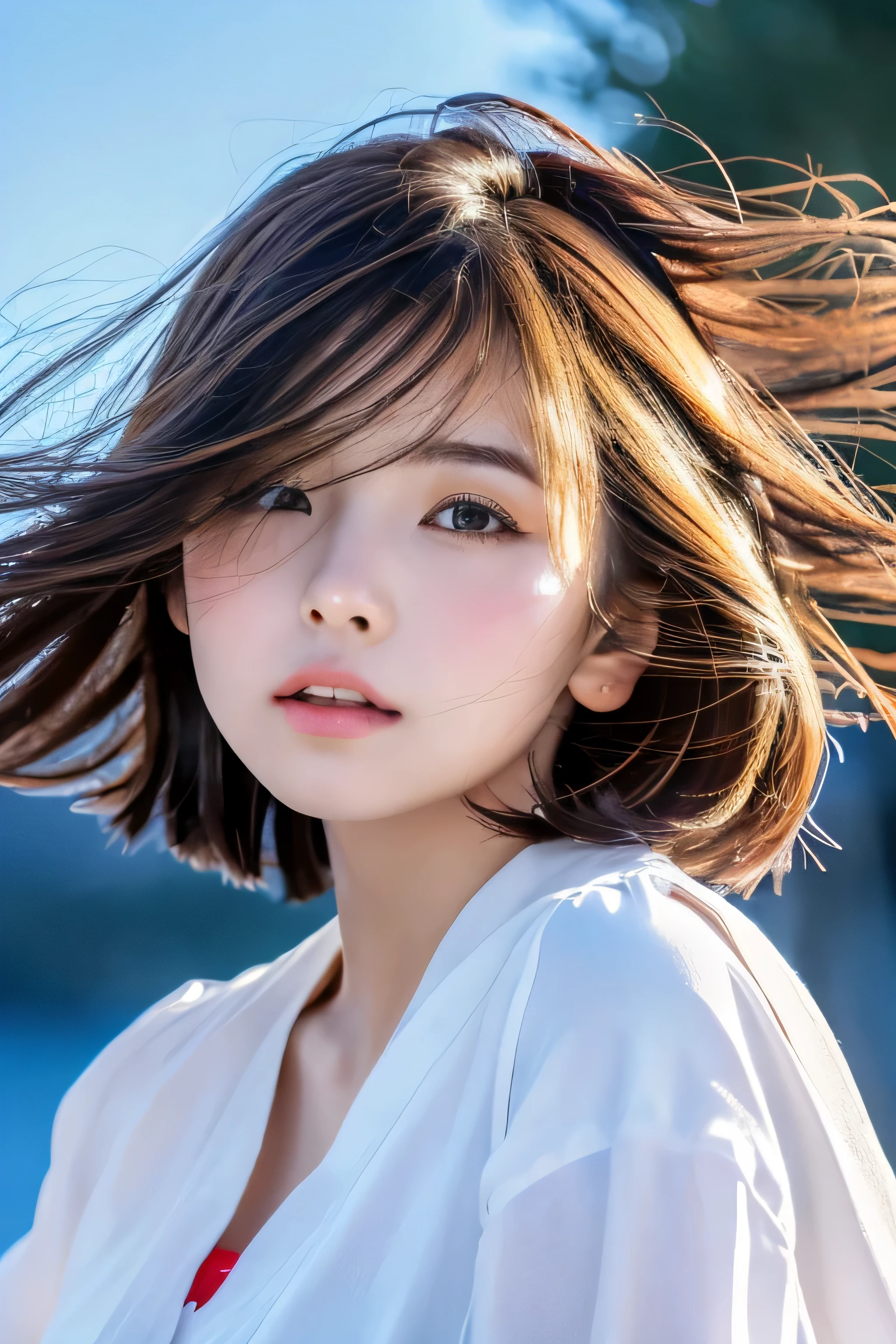((hair blowing in the wind、No makeup:1.2))、(realistic、Photoreal、super detailed、best detailed skins、highest quality、masterpiece、超A high resolution)、cute russian woman、14 years、high school girl、young girl、1 girl、have bangs、ash blonde:1.7、double eyelid、drooling eyes、Japanese style face、purity、realistic skin type、Thick fluffy hair、red cheeks、The wind is blowing、lighting from behind、hair blowing in the windがステキ、((Cute white shirt、short hair、port at night、illuminated by moonlight))