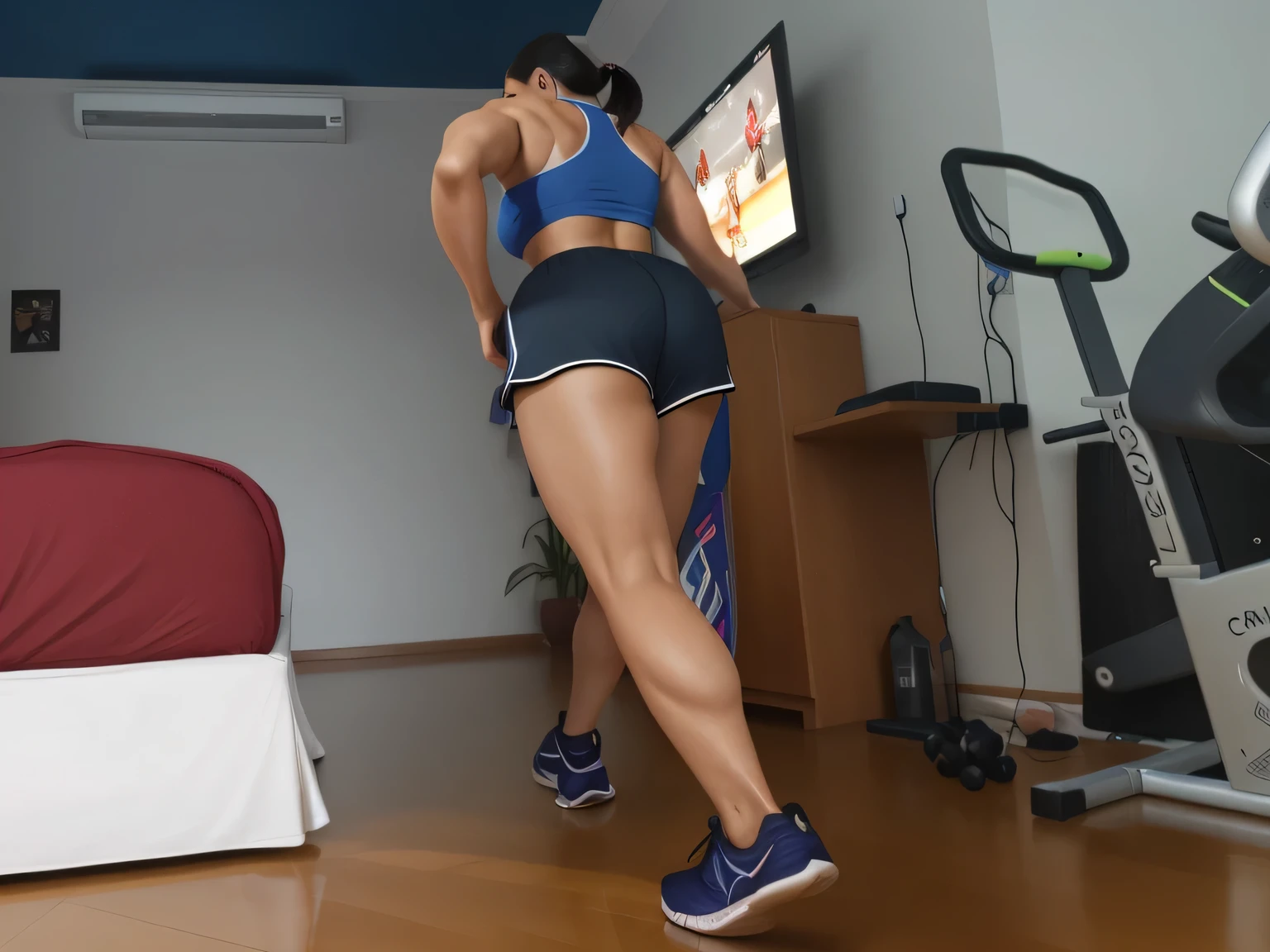 there is a woman in a blue top and black shorts playing a video game, lunging at camera :4, working out, chun li at the gym, sweaty 4 k, in shorts, side view of her taking steps, workout, bum, bending over, sport bra and dark blue shorts, leg and hip shot, side shot, latina, thighs!!!!!!