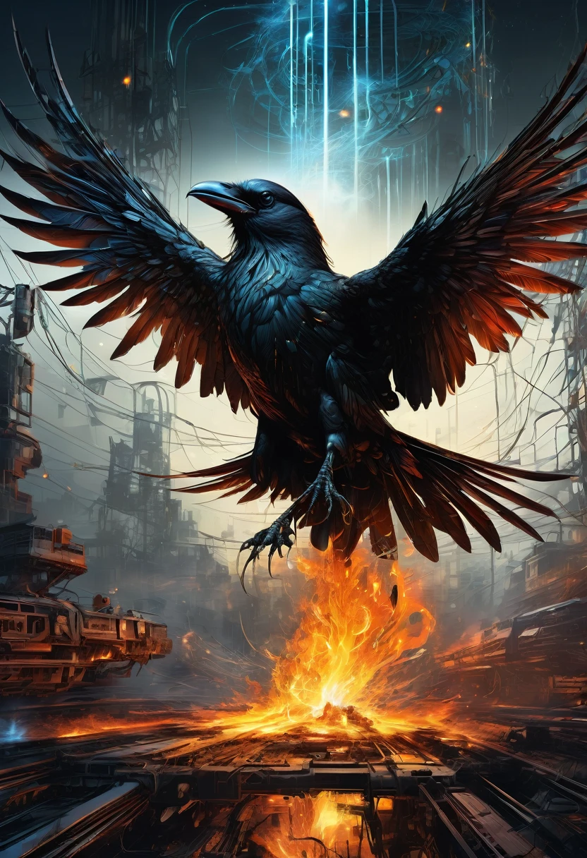 A masterful artistic digital rendering of a sinister cybernetic crow made from sparks and fire by Simon Prades, h.r giger, russ mills, Shaun Ryken, celestial, UHD, 8k resolution, fantasy editorial art, complex and hyperdetailed, beautiful composition, a modern surrealistic masterpiece by Dan Mumford