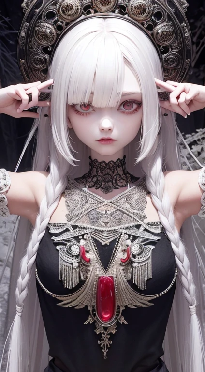 best quality, masterpiece,white hair, red eyes,white clothes, looking up, crawling,hair strand,Fair skin,side braids, DosMix, scream fang, in the lake of a forest, gothic art, psychedelic art, corrupted data, 3 d reflections, pixeled stretching, demon humanoid creature, multi-layered artworks, digital art masterpiece, intricate colorful masterpiece, eerie art style, amazing artwork