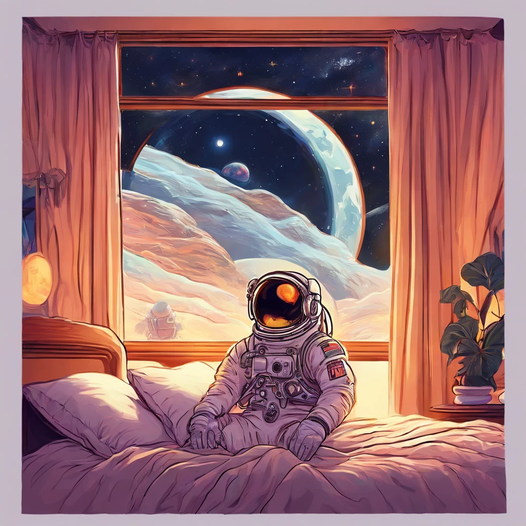 An astronaut in a spacesuit sleeps under a blanket in a cozy bed, in a cosy room, planets and space outside the window