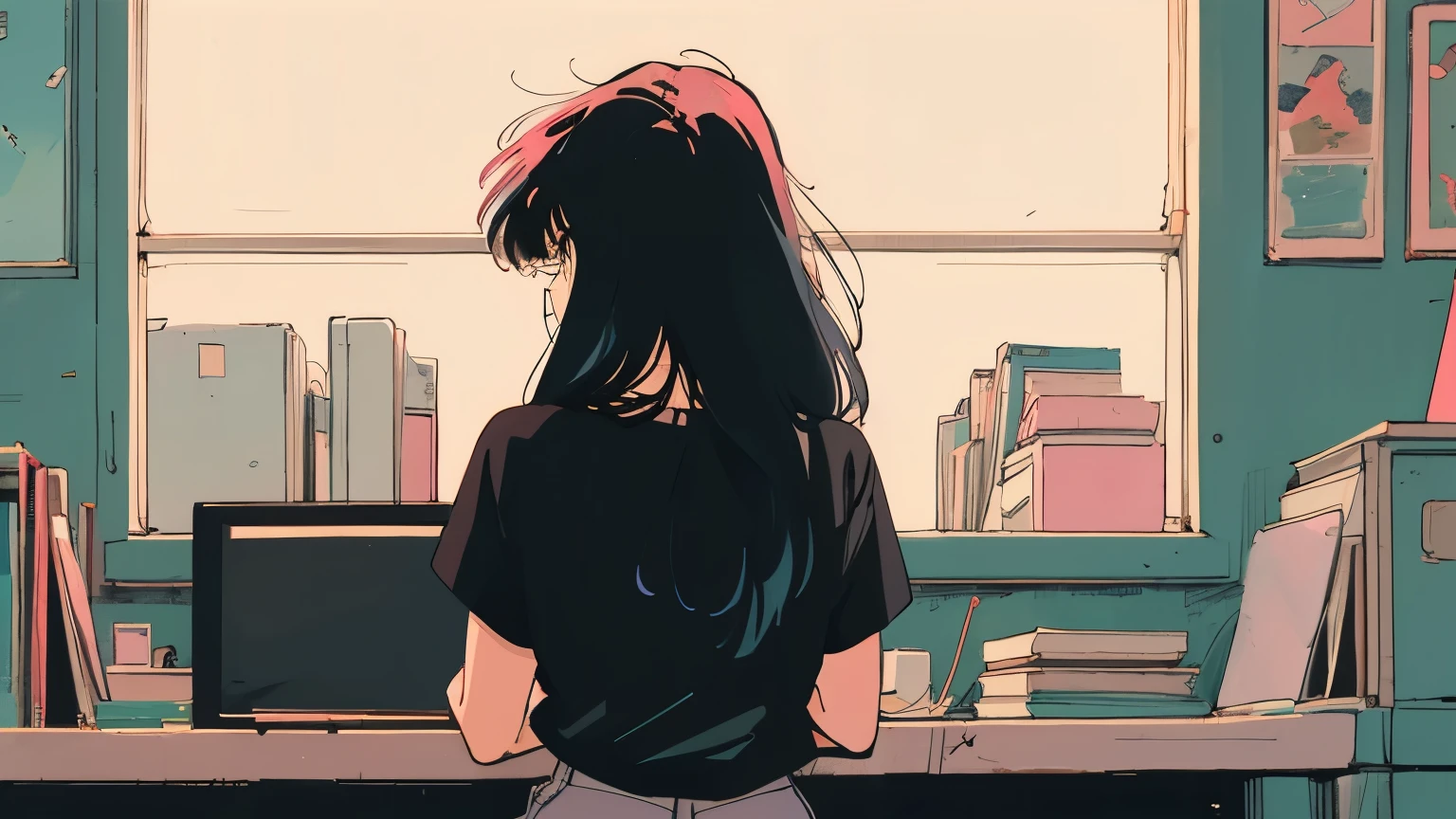 (very detailed), (from behind), Girl in front of a computer in a cozy bookstore, (night), on the rooftop, (beautiful night views from windows), lots of stuff, long hair, 90s animation art style, very detailed, hard disk, lo-fi, surreal, best quality, high resolution, (80's, retro style), Anime girl wearing pink glasses and black top, Works inspired by Naoko Takeuchi, director: Rumiko Takahashi, Sailor Venus